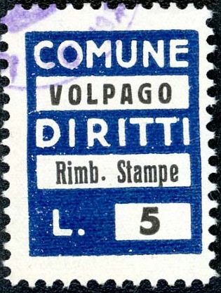 Marca da Bollo del Comune di VOLPAGO DEL MONTELLO su Carta Bianca di dimensioni 18,5 x 26 mm