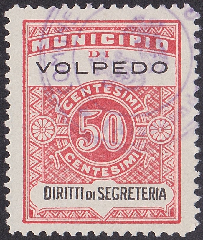 Marca da Bollo del Comune di VOLPEDO su Carta Bianca di dimensioni 22,5 x 29 mm