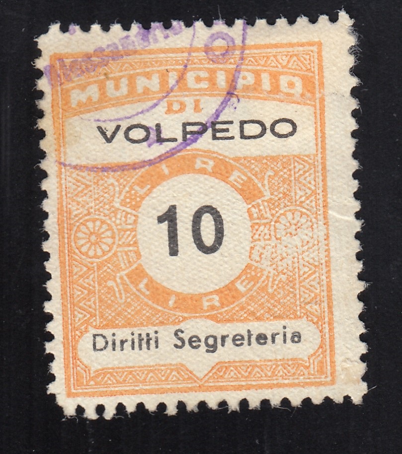 Marca da Bollo del Comune di VOLPEDO su Carta Bianca di dimensioni 22,5 x 29 mm
