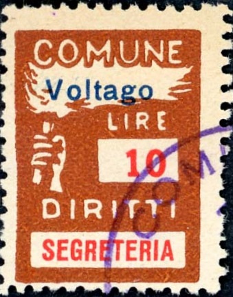 Marca da Bollo del Comune di VOLTAGO AGORDINO su Carta Bianca Sottile di dimensioni 18,5 x 25,5 mm