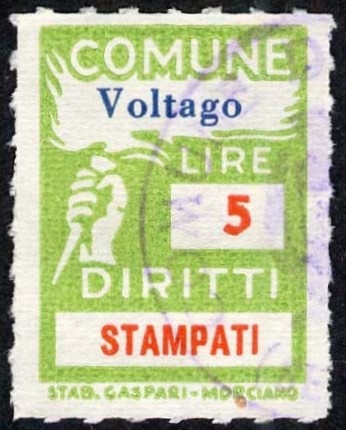 Marca da Bollo del Comune di VOLTAGO AGORDINO su Carta Bianca Sottile di dimensioni 18,5 x 25,5 mm