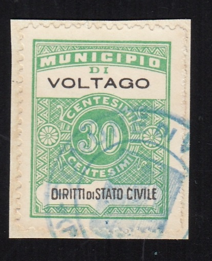 Marca da Bollo del Comune di VOLTAGO AGORDINO su Carta Bianca di dimensioni 19 x 26,5 mm