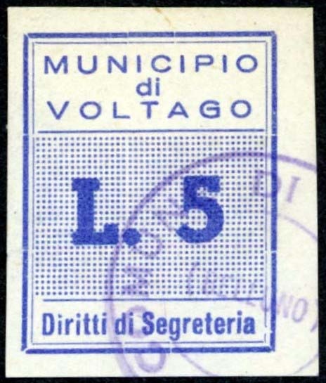 Marca da Bollo del Comune di VOLTAGO AGORDINO su Carta Bianca di dimensioni 19 x 26,5 mm