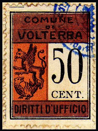 Marca da Bollo del Comune di VOLTERRA su Carta Bianca di dimensioni 22 x 28 mm