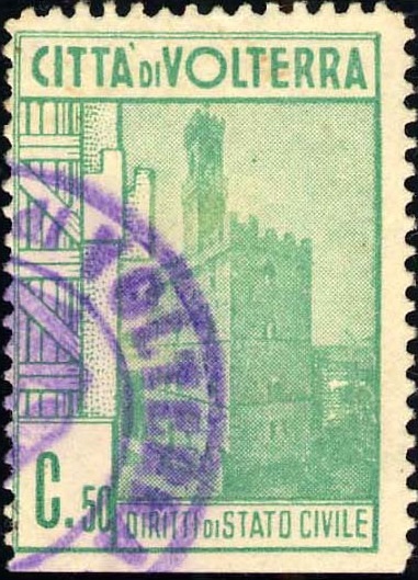 Marca da Bollo del Comune di VOLTERRA su Carta Bianca Sottile di dimensioni 23 X 33 mm