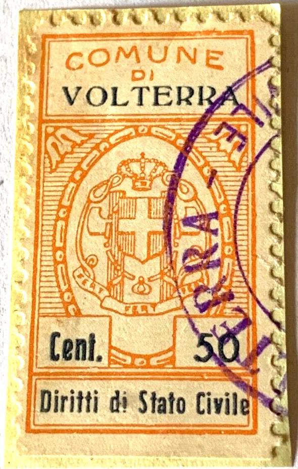 Marca da Bollo del Comune di VOLTERRA su Carta Bianca Sottile di dimensioni 23 X 42 mm