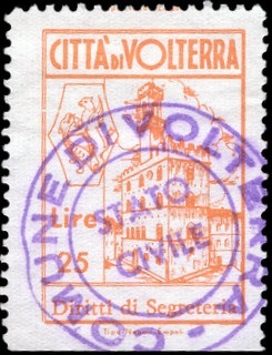Marca da Bollo del Comune di VOLTERRA su Carta Bianca di dimensioni 23 X 33 mm