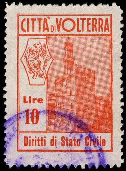Marca da Bollo del Comune di VOLTERRA su Carta Bianca di dimensioni 23 X 33 mm
