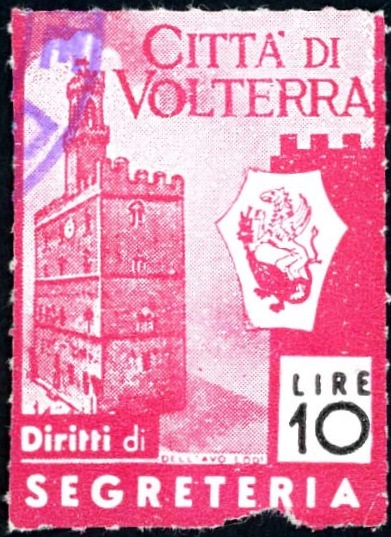 Marca da Bollo del Comune di VOLTERRA su Carta Bianca di dimensioni 23 X 33 mm