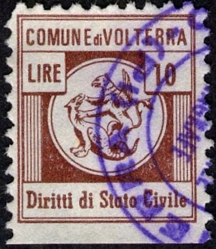 Marca da Bollo del Comune di VOLTERRA su Carta Bianca Sottile di dimensioni 17 x 20 mm