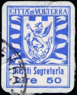 Marca da Bollo del Comune di VOLTERRA su Carta Bianca di dimensioni 14,5 x 18,5 mm