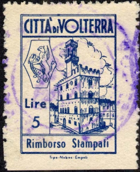 Marca da Bollo del Comune di VOLTERRA su Carta Bianca Sottile di dimensioni 23 X 33 mm