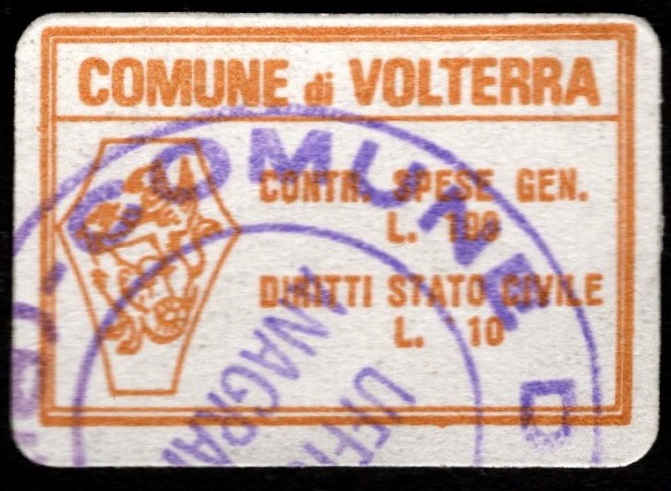 Marca da Bollo del Comune di VOLTERRA su Carta Bianca di dimensioni 24 x 16,5 mm