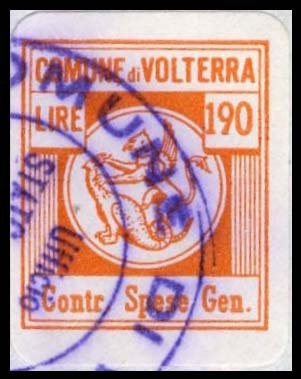 Marca da Bollo del Comune di VOLTERRA su Carta Bianca di dimensioni 16 x 19 mm