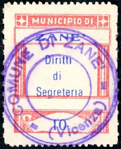 Marca da Bollo del Comune di ZANE´ su Carta Bianca di dimensioni mm
