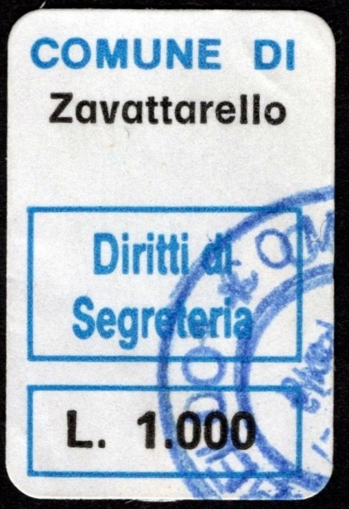 Marca da Bollo del Comune di ZAVATTARELLO (ZAVATTARELLO VALVERDE) su Carta Bianca di dimensioni 14 x 22 mm