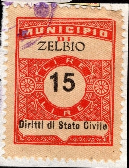Marca da Bollo del Comune di ZELBIO su Carta Bianca di dimensioni 23 x 29 mm