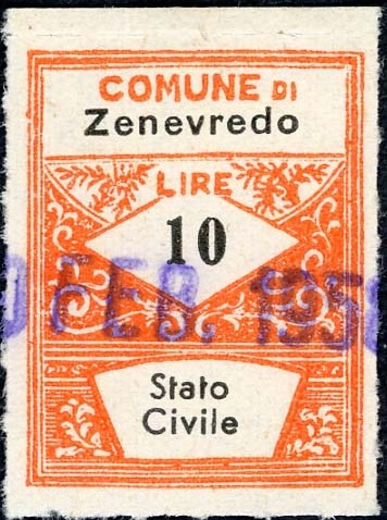 Marca da Bollo del Comune di ZENEVREDO su Carta Bianca di dimensioni 22 x 28 mm