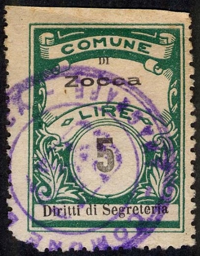 Marca da Bollo del Comune di ZOCCA su Carta Bianca Sottile di dimensioni 22 x 30 mm