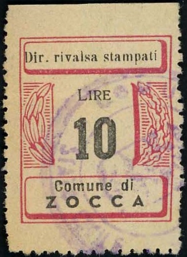 Marca da Bollo del Comune di ZOCCA su Carta Bianca di dimensioni 22 X 30 mm