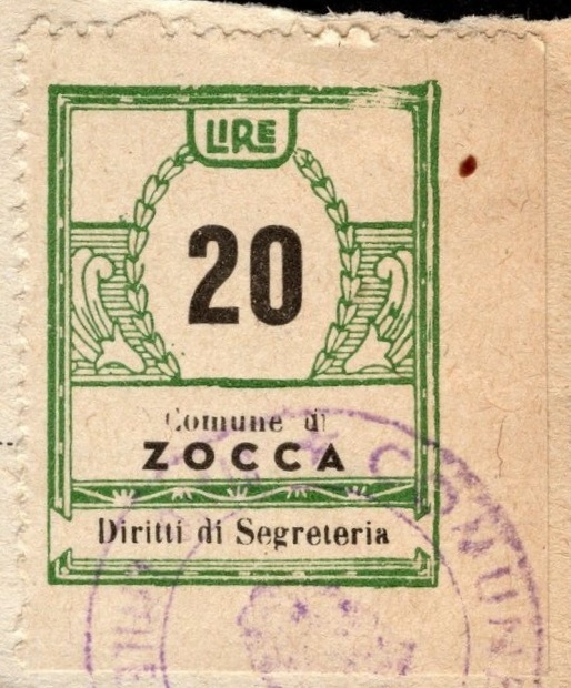 Marca da Bollo del Comune di ZOCCA su Carta Bianca di dimensioni 22 X 30 mm
