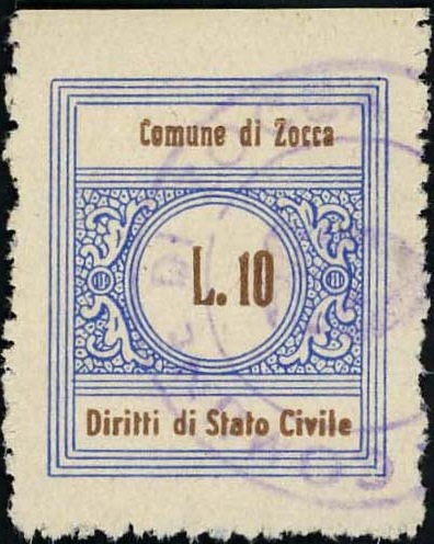 Marca da Bollo del Comune di ZOCCA su Carta Bianca di dimensioni 22 x 25 mm