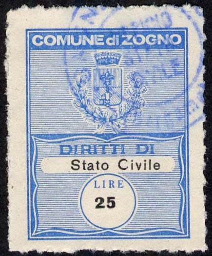 Marca da Bollo del Comune di ZOGNO su Carta Bianca di dimensioni 22 x 29,5 mm
