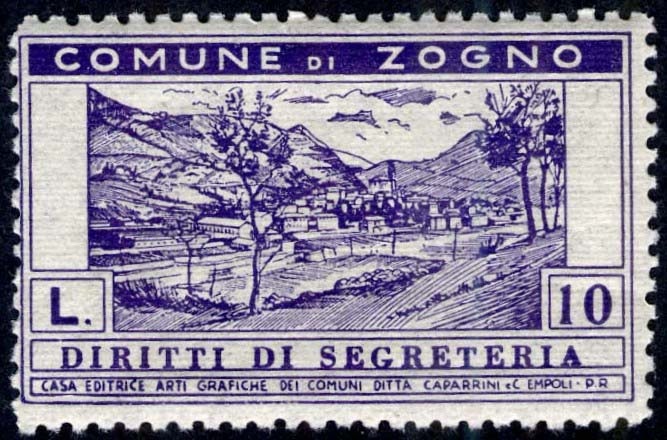 Marca da Bollo del Comune di ZOGNO su Carta Bianca di dimensioni 41,5 x 25 mm