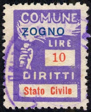 Marca da Bollo del Comune di ZOGNO su Carta Bianca Sottile di dimensioni 18,5 x 26 mm