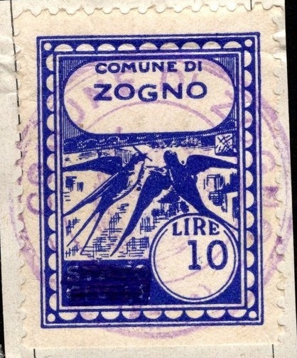 Marca da Bollo del Comune di ZOGNO su Carta Bianca Sottile di dimensioni 18,5 x 26 mm