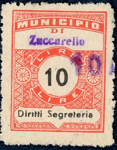 Marca da Bollo del Comune di ZUCCARELLO su Carta Bianca Sottile di dimensioni 23 x 29 mm