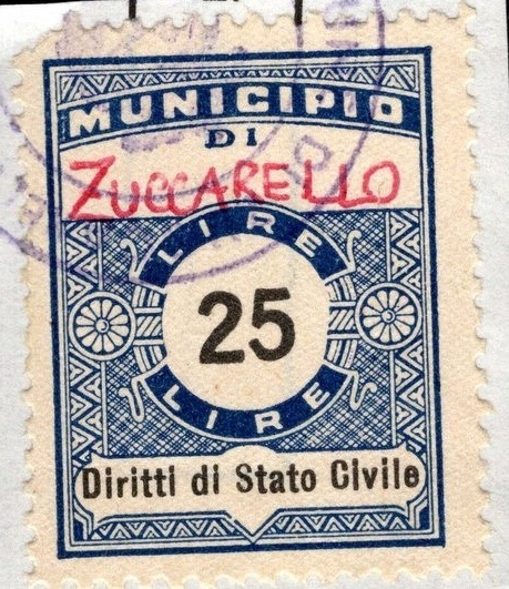 Marca da Bollo del Comune di ZUCCARELLO su Carta Bianca Sottile di dimensioni 23 x 29 mm