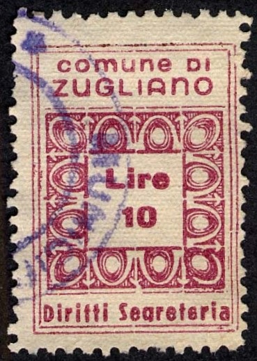 Marca da Bollo del Comune di ZUGLIANO su Carta Bianca di dimensioni 22,5 X 33 mm