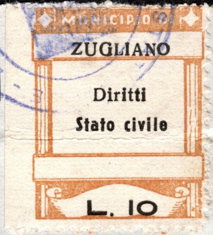 Marca da Bollo del Comune di ZUGLIANO su Carta Bianca di dimensioni 21 x 26 mm