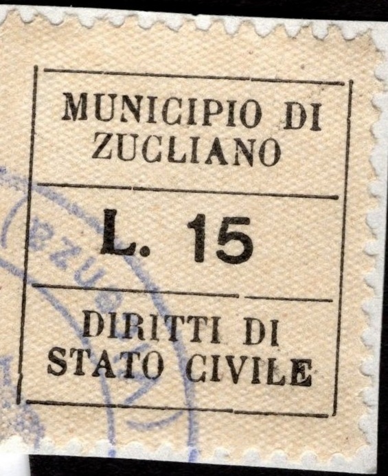 Marca da Bollo del Comune di ZUGLIANO su Carta Bianca di dimensioni 23 x 25 mm