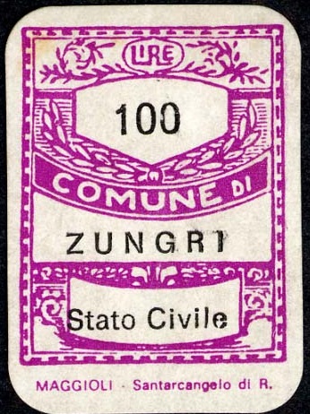 Marca da Bollo del Comune di ZUNGRI su Carta Bianca di dimensioni 20,5 x 28,5 mm
