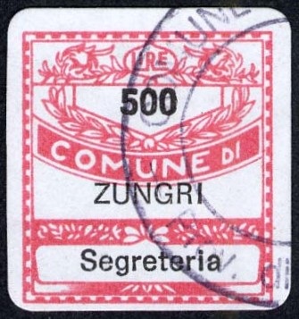 Marca da Bollo del Comune di ZUNGRI su Carta Bianca di dimensioni 19 x 21 mm