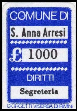 Marca da Bollo del Comune di SANT´ANNA ARRESI su Carta Bianca di dimensioni 18,5 x 26 mm