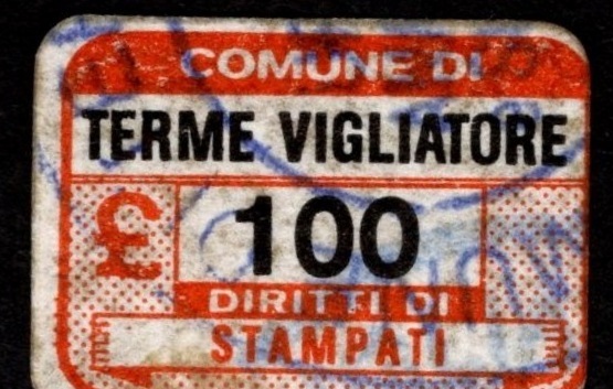 Marca da Bollo del Comune di TERME VIGLIATORE su Carta Bianca di dimensioni 20 x 14 mm