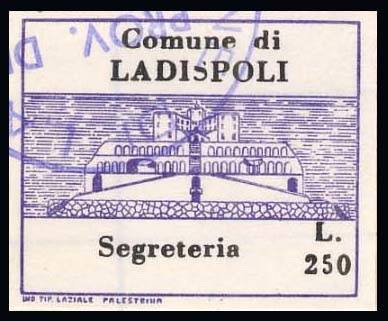 Marca da Bollo del Comune di LADISPOLI su Carta Bianca di dimensioni 23,5 x 20 mm