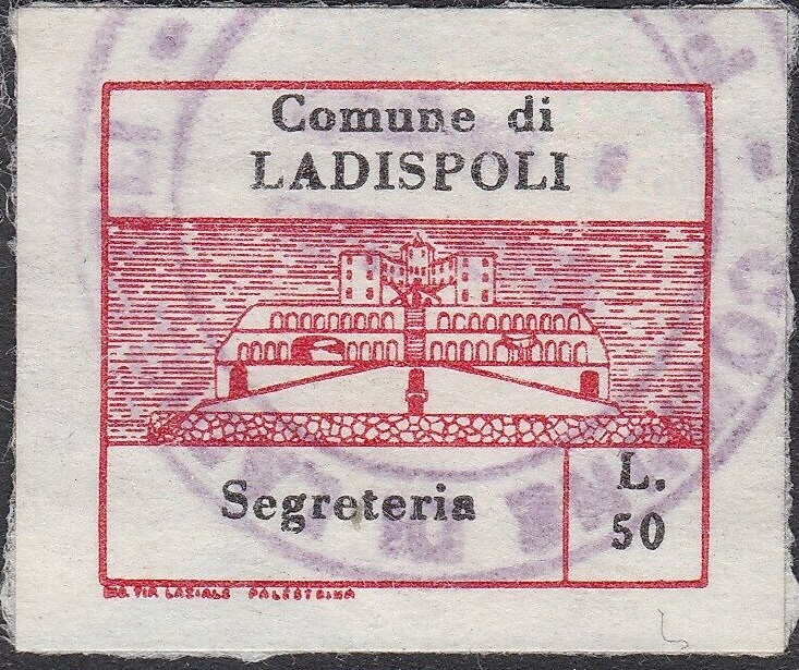 Marca da Bollo del Comune di LADISPOLI su Carta Bianca di dimensioni 23,5 x 19,5 mm