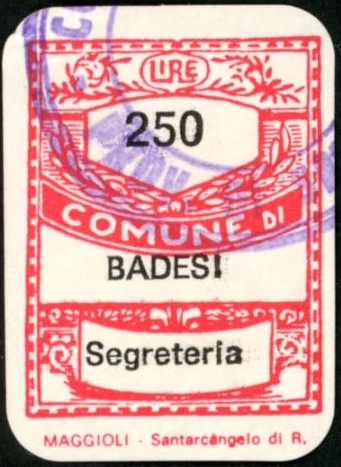 Marca da Bollo del Comune di BADESI su Carta Bianca di dimensioni 20 x 28 mm