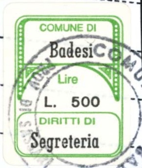 Marca da Bollo del Comune di BADESI su Carta Bianca di dimensioni 15 x 20 mm
