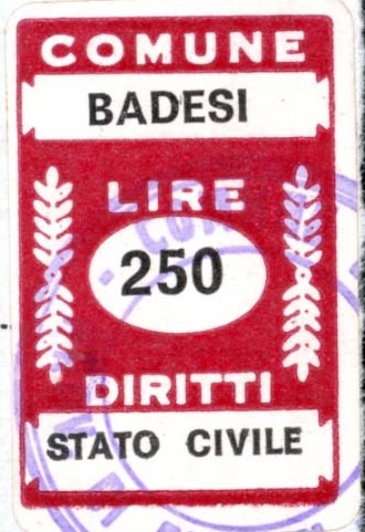 Marca da Bollo del Comune di BADESI su Carta Bianca di dimensioni 20 x 31 mm