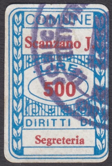 Marca da Bollo del Comune di SCANZANO JONICO su Carta Bianca di dimensioni 20 x 30 mm