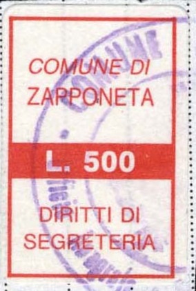 Marca da Bollo del Comune di ZAPPONETA su Carta Bianca Sottile di dimensioni 15,5 x 25 mm