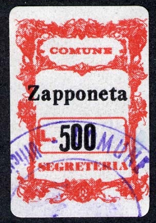 Marca da Bollo del Comune di ZAPPONETA su Carta Bianca di dimensioni 15 x 26 mm