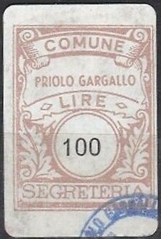 Marca da Bollo del Comune di PRIOLO GARGALLO su Carta Bianca Sottile di dimensioni 23 X 30 mm