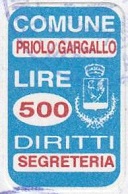 Marca da Bollo del Comune di PRIOLO GARGALLO su Carta Bianca di dimensioni 13 x 21 mm