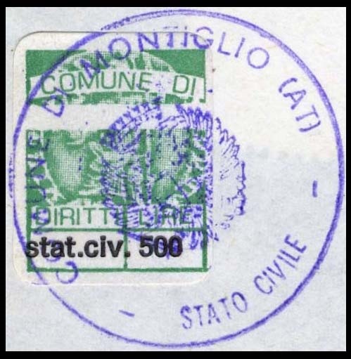 Marca da Bollo del Comune di MONTIGLIO su Carta Bianca di dimensioni 20 x 22 mm